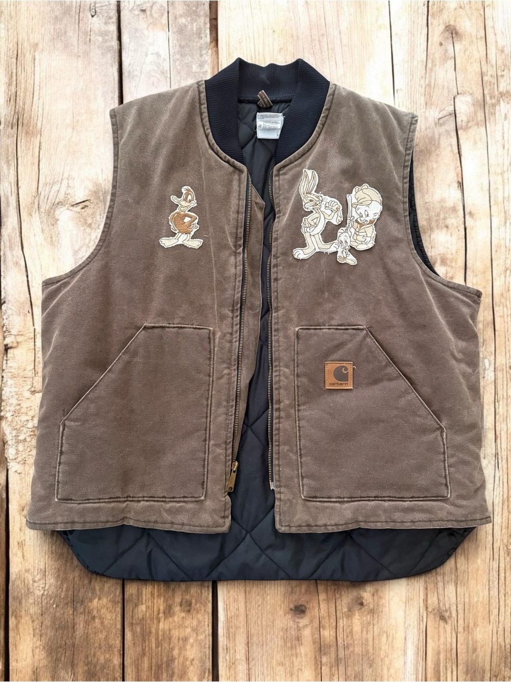 Carhartt Mens Brown Quilted Work Vest with Cartoon Patches